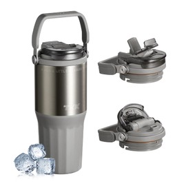 TKK 24 oz Ceramic Coated Tumbler with Straw Lid, 18/10 Stainless Steel Vacuum Tumblers, Leakproof Double Walled Iced Car Cup with Handle & Tea Infuser& Dishwasher Safe, for Hot & Cold Drinks, Grey