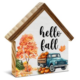 Rustic Fall Decor, Hello Fall House Shaped Wood Block Sign, Maple Leaves Pumpkin Decor, Autumn Farmhouse Home Decorations for Desk Table Shelf