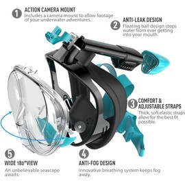 G2RISE SN01 Full Face Snorkel Mask with Detachable Snorkeling Mount, Anti-Fog and Foldable Design for Adults Kids