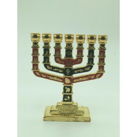 Menorah, metal, design represents the 12 tribes of Israel,  red and black design