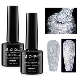MIZHSE Sparkly Gel Nail Polish 2PCS, Silver Glitter Gel Polish Reflective Shimmer Holographic Nail Art Soak Off UV Gel Nail DIY Manicure Set 7ml