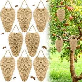 Qualirey 8 Pcs Large Crochet Fake Wasp Nest 7.9×12.6" Hanging Fake Wasp Nest Deterrent Outdoor Crochet Hornet Decoys for Patio Garden Yard Eaves Uses