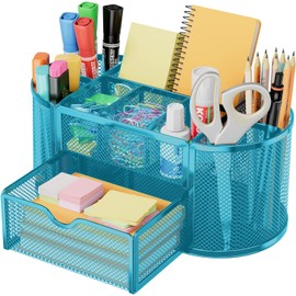 ProBytes Wiremesh Penholder/Desk Organiser - 8 Compartments 1 Drawer, Office Study Table Caddy. Workspace, Library, School, Classroom Stationery, Easy Clean Rustproof Coated Metal, Non-slip - Blue
