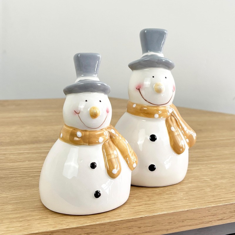 Alfie Francis Set of 2 White Ceramic Snowmen Ornaments/Figurines Christmas