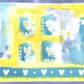 CONCORD WALLCOVERINGS ™ Wallpaper Border Abstract Pattern Hearts Flowers Swirls for Kid's Room Bedroom Playroom, Blue Yellow Green, 15 ft by 6.8 in NK74850