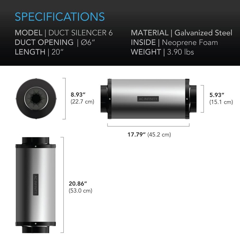 AC Infinity Inline Duct Fan Silencer, 6" Noise Reduction Muffler