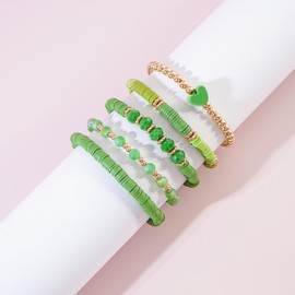 RISHEGAE St.Patrick's Day Bracelet Green Heishi Beaded Stretch Bracelets for Women Stackable Gold Polymer Clay Beads Bracelets Friendship Boho Summer Beach Bracelet Jewelry