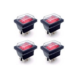 JZK 4 Piece ON-OFF Rocker Switch 4 Port Red Light 16A 250V AC with Waterproof Cover Boat Type Switch for Electrical Machine Products