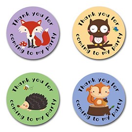 40mm Woodland Animals "Thank You For Coming To My Party" Round Stickers for Party Bags & Sweet Cones - Owls, Squirrel, Fox & Hedgehog (24 x Stickers)