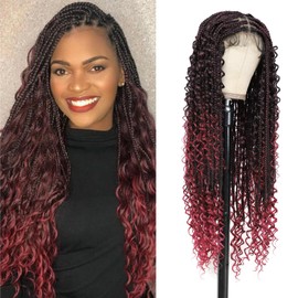 Yacurcur Boho Knotless Braided Wigs Double Full Lace with Baby Hair Braided Wigs for Black Women Bohemian Box Synthetic Boho Braid Wig Burgundy Red 36Inch（BUG）