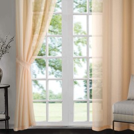 Singinglory Voile Curtains Set of 2 with Tiebacks,Sheer Net Solid Transparent Window Drop (Pale gold/Peach orange,52X90)