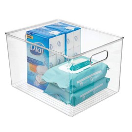 mDesign Plastic Storage Organizer Bin Tote for Organizing Bathroom Hand Soaps, Body Wash, Shampoo, Lotion, Conditioners, Hand Towels, Hair Accessories, Body Spray, Mouthwash, Bottles - 8" High - Clear
