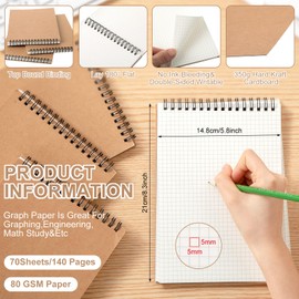 Engrowtic Graph Paper Spiral Notepad A5 Top Wirebound Notepad Grid Notebook Steno Pads Memo Notepads Grid Paper 140 Pages for Writing Sketching Drawing Office Supplies(Kraft,1 Pack)