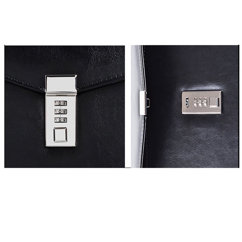 A4 Black Leather Password Lock Document Bag Manager File Folder