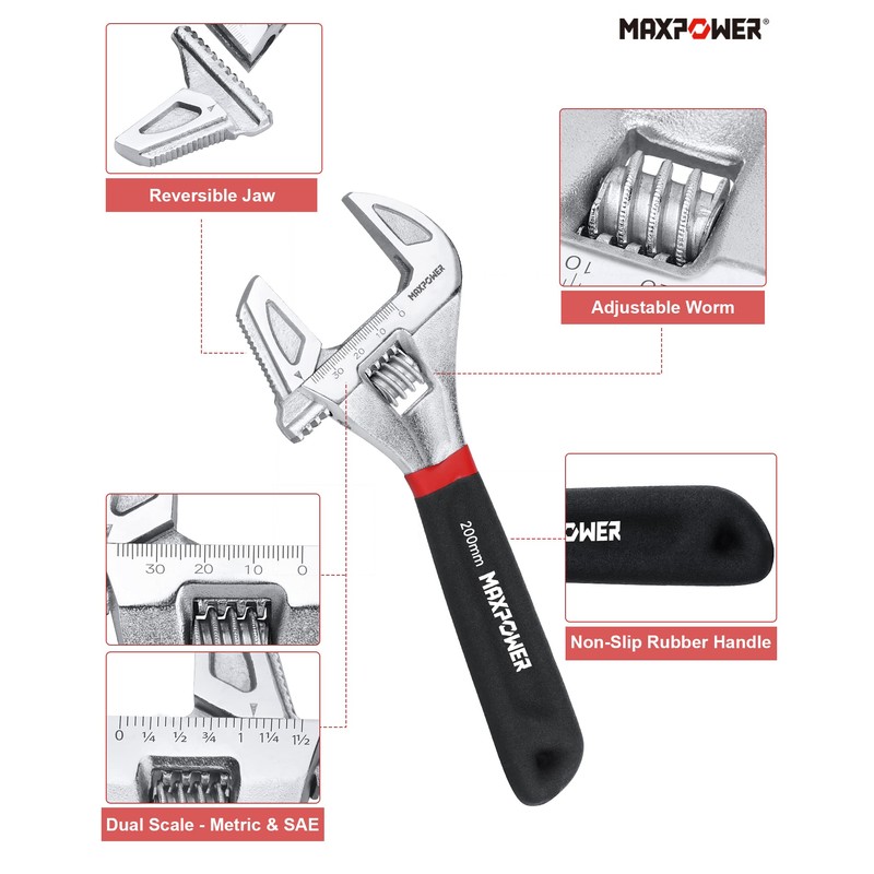 MAXPOWER Adjustable Spanner 200mm, 2-in-1 Adjustable Wrench & Pipe Wrench