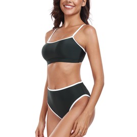 Colloyes Women's High Waisted Bikini Sets Color Block Adjustable Straps Swimsuits Scoop Neck Two Piece Bathing Suits Black Size Large