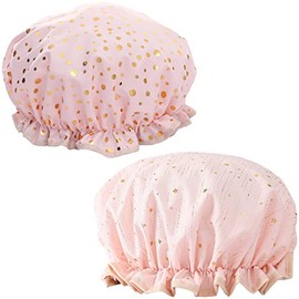 Qeuly 2 Pack Waterproof Shower Cap, Reusable Shower Cap for Women, Elastic Bathing Shower Hat Double Layers Bathing Hair Cap PEVA Lined Shower Hair Bath Cap (Pink Dots / Star)
