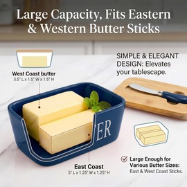 Large Butter Dish with Lid, Porcelain Butter Container with Spreader (Blue)