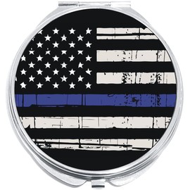 NewCharms US Flag Thin Blue Line Compact with Mirrors - Perfect Pocket and Purse Size Folding Mirror for Applying Make Up Anywhere