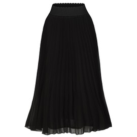 TEERFU Women's Casual High Waist A Line Pleated Midi Swing Skirt Stretch Waist Black L