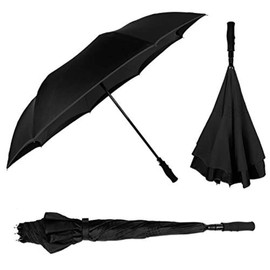 The Inversa Large 48" Reverse Self Standing Windproof Inverted Reversible Umbrella, Double Layer Canopy Lightweight Travel Umbrella For Women and Men, Portable Umbrella Reverse Close - Black