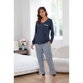 Vlazom Pyjamas Set for Women, Soft Two Pieces Pj's Sets Long Sleeve Tops and Plaid Pants Sleepwear with Pockets Drawstring Dark Blue,L