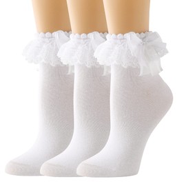 AMHRLINGTO Lace Ruffle Frilly Socks for Women - Lace Ankle Socks with Bow (White-3 Pairs)