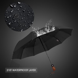 MIKAFEN Umbrella Windproof With Wood Handle - Travel and Automatic, Umbrella Compact for Men and Woman - with 10 Ribs Fiberglass and Compact Rain Protect（Black）