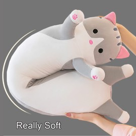 Giant Cat Pillow Plush Cartoon Kitty Sleeping Hugging pillow, Cuddly Soft Long Kitten Body Pillow Doll Cat Toy for Kids Girlfriend (Gray, 70cm/27.55inch)