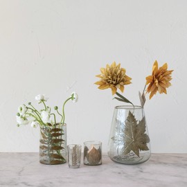 Creative Co-Op Handblown Glass Hurricane with Embedded Neem Leaves and Gold Foil Edge, Clear, 5" L x 5" W x 7" H