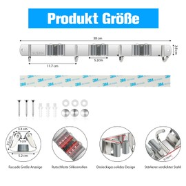 Sampoes Broom Holder Wall, Broom Holder, Stainless Steel, Tool Holder, Wall Mount with 3 Holders and 4 Hooks, Broom Hanging Garden Tool Holder, Broom Mop Holder for Home, Garden, Kitchen, Garage