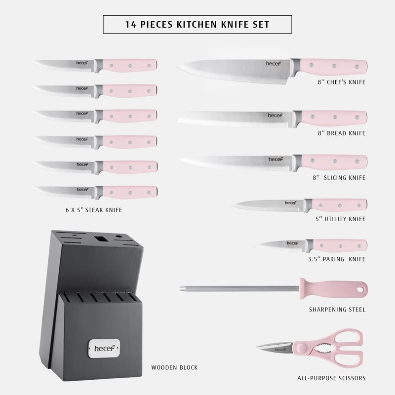 hecef Kitchen Knife Block Set, 14 Pieces Knife Set with