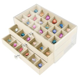 Rock Collections Display Case, Crystal Storage Box Display Cabinet with 54 Velvet Grids, 3 Drawers Rock Collection Display Organizer Showcase, Fossil Gemstone Display Box for Gem Enthusiasts (Beige)