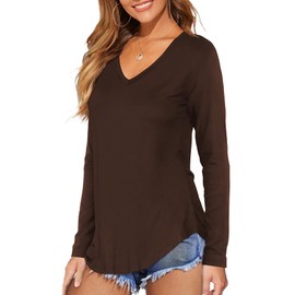 DittyandVibe Women Long Sleeve V Neck Curved Hem Tunic Tops T Shirts (Brown,M)