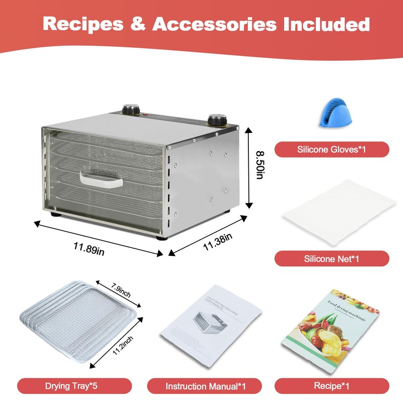 Empculd Food Dehydrator - 5 Stainless Steel Trays Dryer Machine