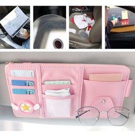 Pink Car Sun Visor Organizer Sunglass Holder for Car Auto Interior Accessories Pocket Organizer Storage Pouch Holder for Car with Multi-Pocket Net Zipper Case Bag for Card, Pen, Key, Sunglasses, Cash