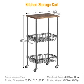 Rolling Kitchen Storage Cart, 3-Tier Storage Rack on Caster Wheels with Adjustable 2 Baskets, Coffee Station Cart Rack Shelf Organizer for Living Room Office, Balcony, Rustic Brown/Black