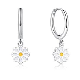 Cangall Silver Hoop Earrings for Women Girls, Silver Daisy Drop Hoop Earrings, Hypoallergenic Minimalist Cute Flower Silver Sleeper Dangle Hoop Earrings, Daisy Flower Charm Hoop Earrings Dangling