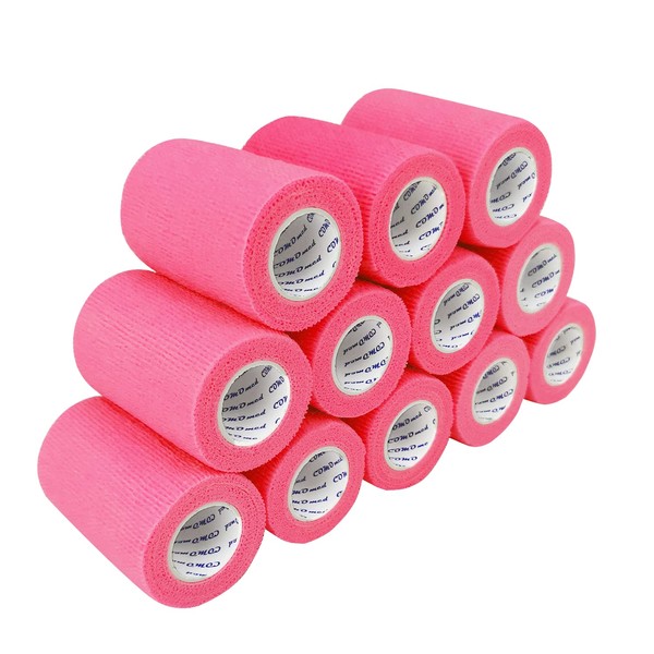 COMOmed Self Adhesive Bandage Wrap 3"x5 Yards First Aid Stretch Sport Athletic Wrap Vet Tapes for Wrist Ankle Sprain and Swelling,Pink(12 Rolls)