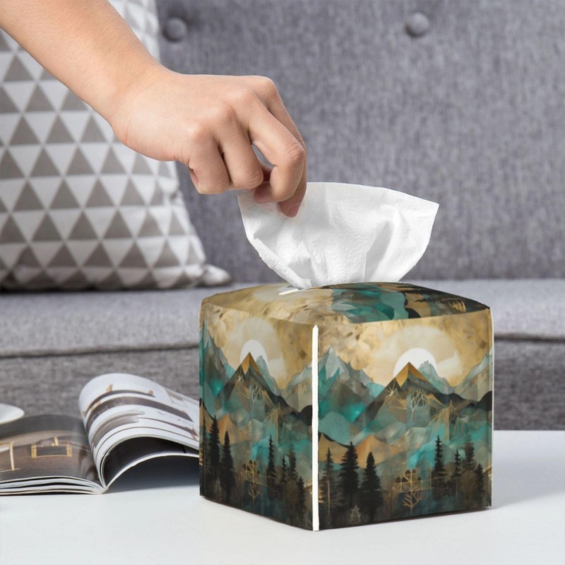 Square Tissue Boxes(5.2"x5.2"x5.2"), Mountains Trees Landscape Sunrise Tissue Holder Decor