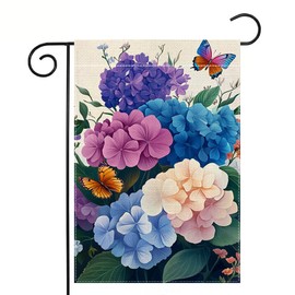Spring Summer Hydrangea Flowers Garden Flag 12x18 Inch Double Sided Butterfly Colorful Floral Yard Outdoor Flag House Holiday Outside Decoration Burlap
