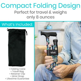 Vive Folding Cane - Foldable Walking Cane for Men, Women - Fold-up, Collapsible, Lightweight, Adjustable, Portable Hand Walking Stick - Balancing Mobility Aid - Sleek, Comfortable