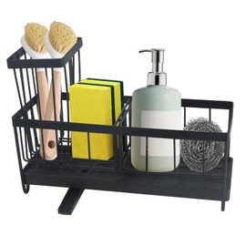 Minnhua Kitchen Sink Caddy Organiser Sink Tidy Kitchen Sink Organizer Black Washing up Caddy Sinkware Organiser Steel Sponge Holder with Brush Holder for Kitchen Bathroom Countertop