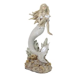 Ebros Gift Large 15" H Vintage Nautical Marine Ocean Sea Goddess Venus Mermaid with Beaded Pearl Tail Holding Sconce Standing by Coral Reef Decorative Statue