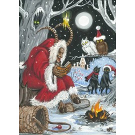5x7 PRINT OF PAINTING RYTA KRAMPUS BLACK CAT GERMANY Xmas landscape folk art Owl