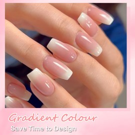 DMQ Ballet Ombre Press on Nails Short, 240Pcs French Pink Gradient False Nails, Acrylic Coffin Fake Nails Pink Tips, 12 Sizes Glossy Full Cover Stick on Nails for Women Girls Nails Art