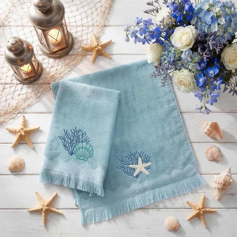Breling 2 Pcs Summer Beach Hand Towels for Bathroom Blue