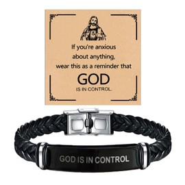 ZCVFA God is in Control Leather Bracelet, Stainless Steel Christian Faith Braided Engraved Bar Bracelets Self Worth Motivation Bracelet Inspirational Friendship Jewelry for Men Women（Black）