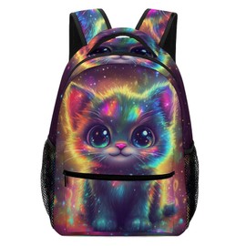 KAFFUL Cute Cat Backpack for Girls Teens, Colorful Kitty Cat Galaxy Design Bookbag, Funny Kitten School Bag for Kids, Travel Laptop Elementary Middle School Backpack, 16.5″, Bright Starry Stars
