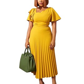 AOMEI Women's Short Sleeve Asymmetrical Ruffles High Waist Pleated Hem Midi Spring Dress (Yellow,XXL,XX-Large)